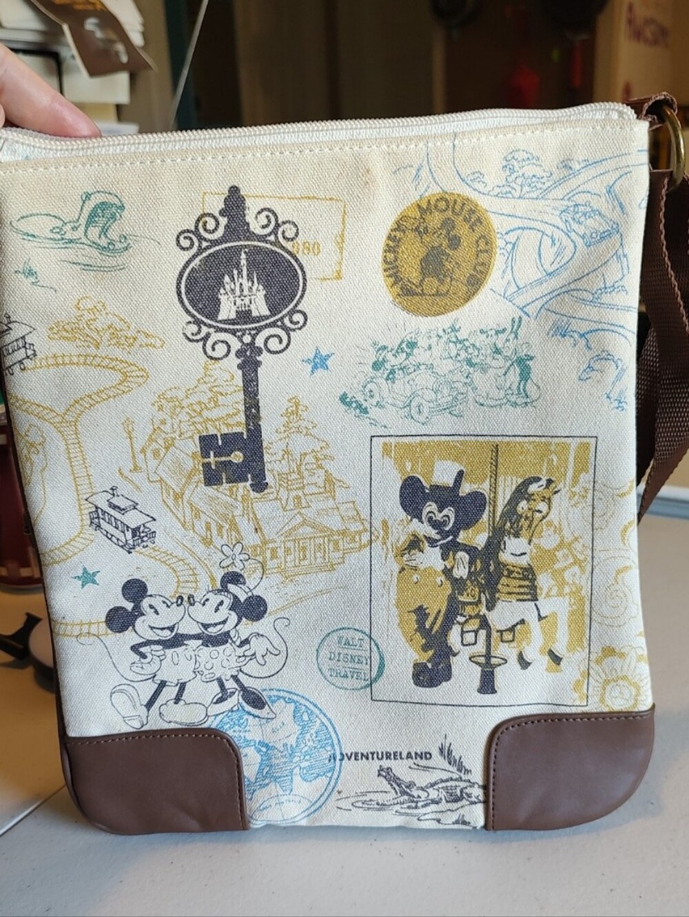 Disney Parks Mickey & Minnie Mouse Crossbody Canvas Vintage Print Theme Park Bag